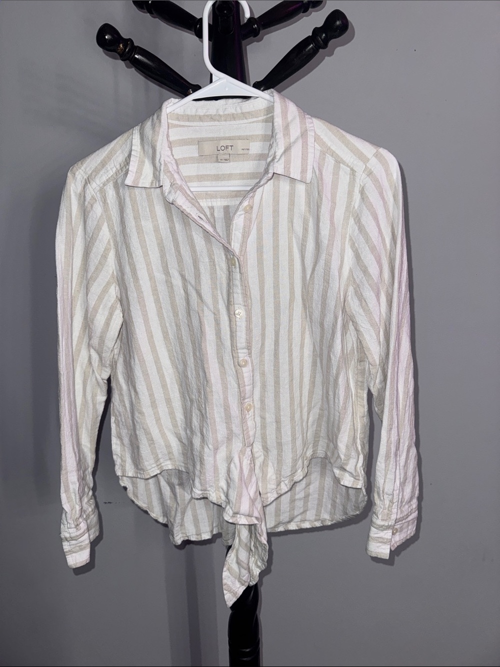 LOFT Cream and Light Pink Striped Tie-Front Button Down Shirt 3.1T